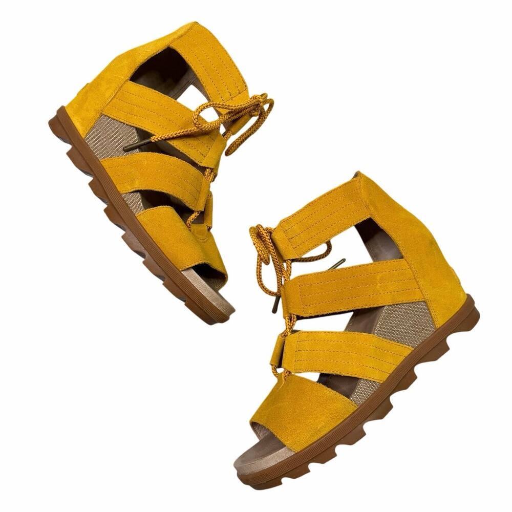 Sorel | Joanie II Mustard Yellow Leather Lace Up Wedge Sandals Shoes US Size 10